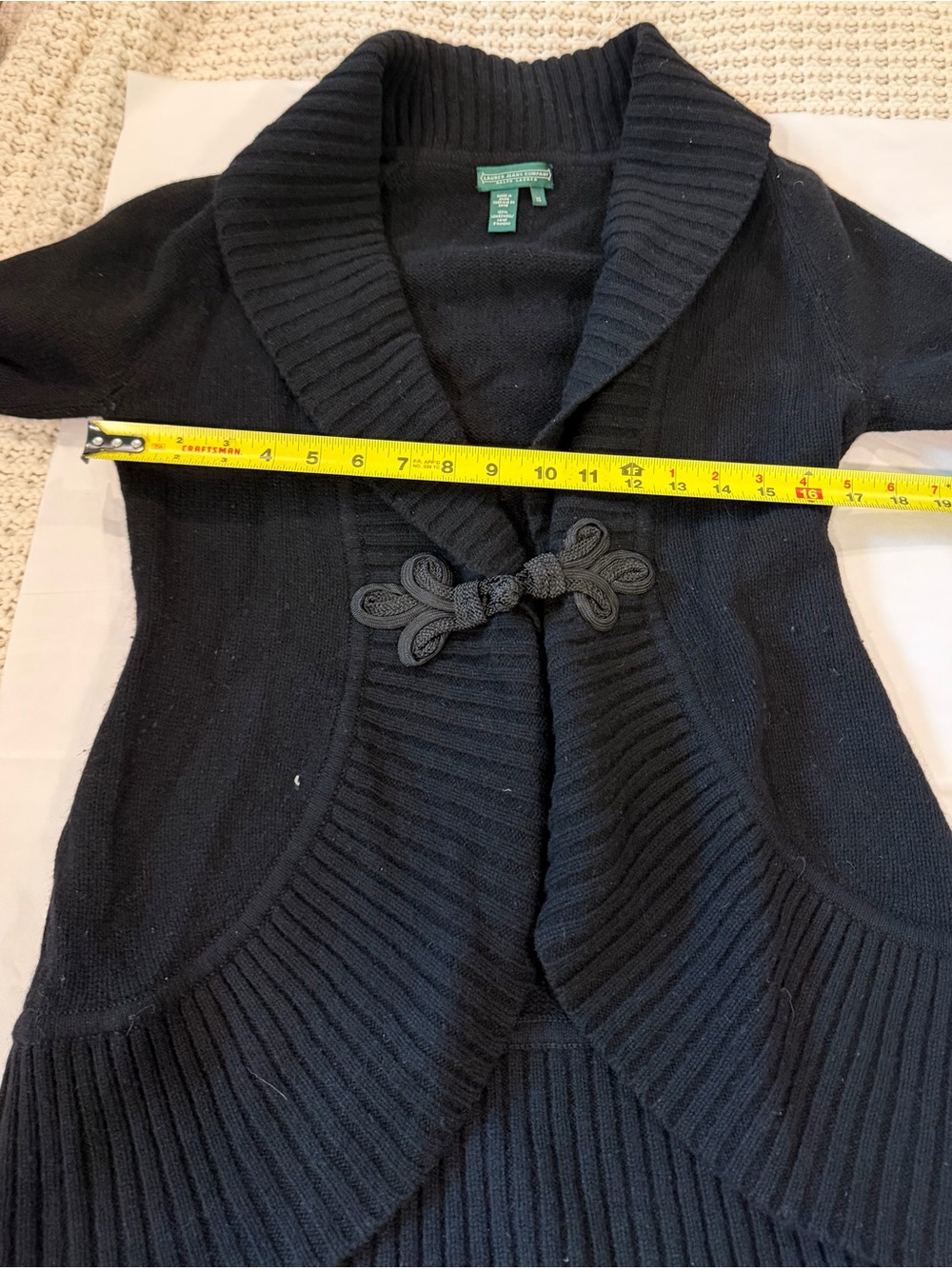 Lauren Ralph Lauren Black 100% Lambswool Shawl Collar Cardigan XS Frog Closure - Picture 9 of 9
